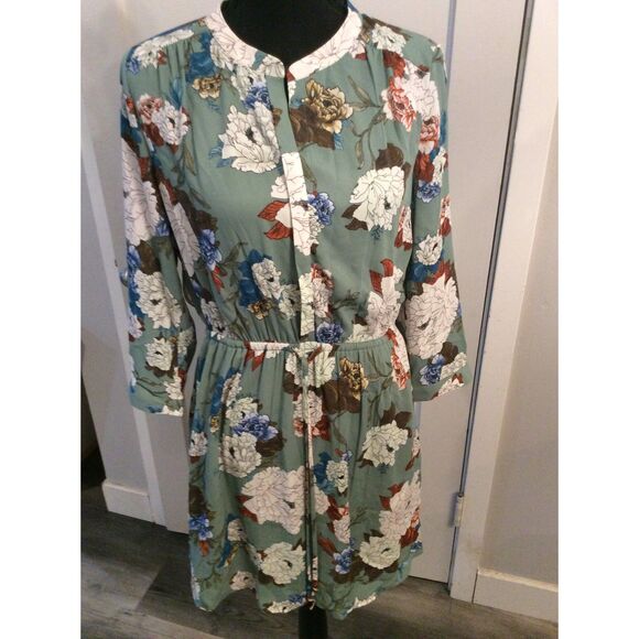 Daniel Rainn Split Neck Floral Green Long Sleeve Dress Small Lined DR2 - Picture 1 of 5